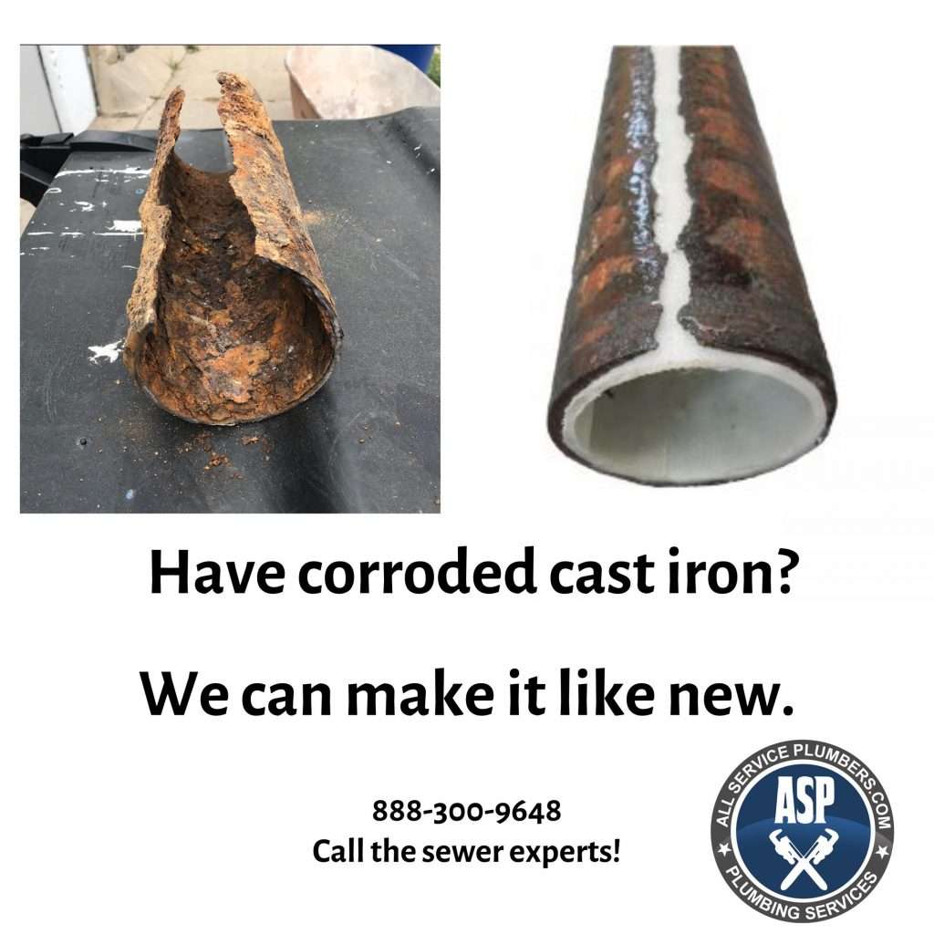 Corroded cast iron pipe beside the same pipe after relining