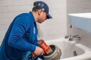 all service plumbers employee performing service on a bath tub
