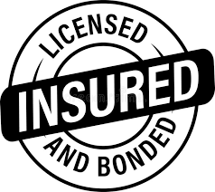 black and white slanted badge showing licensed, bonded, and insured