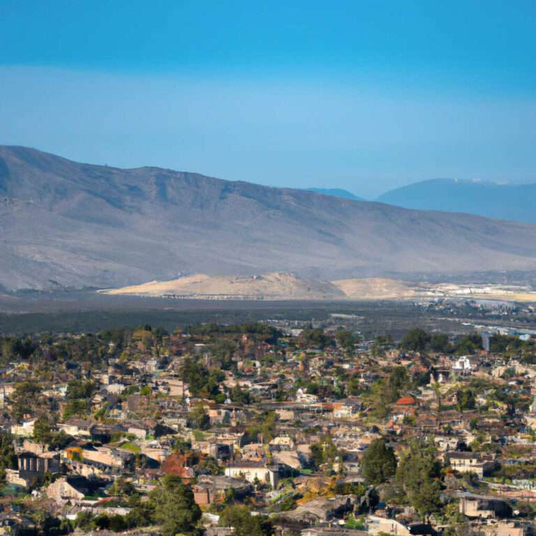 Aerial view of Stanton with the mountains beyond