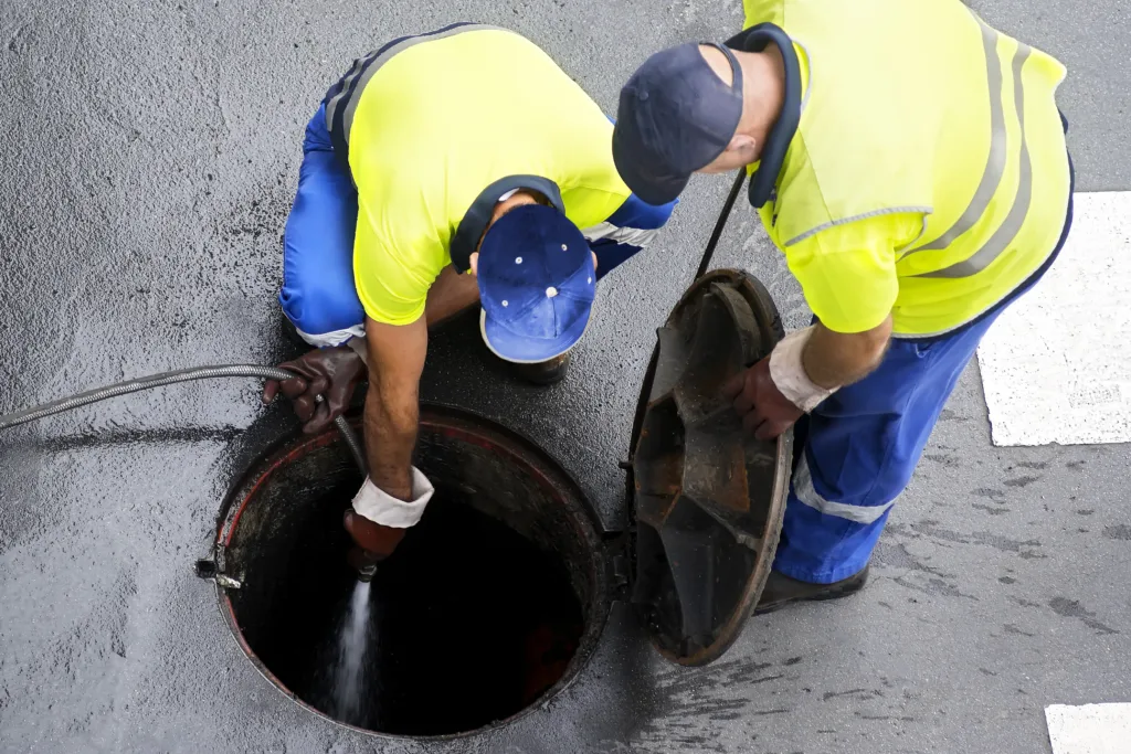 Workers opening a sewer manhole for line cleaning