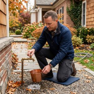 A homeowner's hands meticulously draining an outdoor faucet with a hose disconnected, symbolizing the process of outdoor faucet winterization.