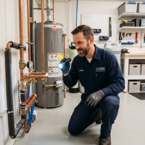 A professional plumber inspecting pipes in a clean, modern home basement.