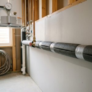 Insulated water pipes in a crawl space, demonstrating proper winter pipe insulation