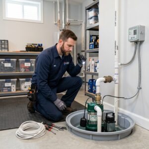 A professional plumber in a clean All Service Plumbing uniform inspecting a sump pump in a well-lit and tidy basement.